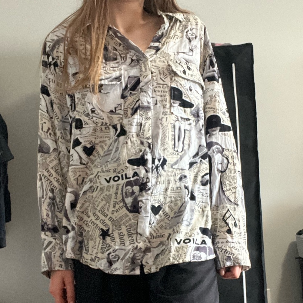 RARE Newspaper Print Button-Up blouse shirt by milk & honey